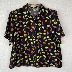 Love Notes Womens Large Black Umbrella Print Rayon Short Sleeve Button Down Top